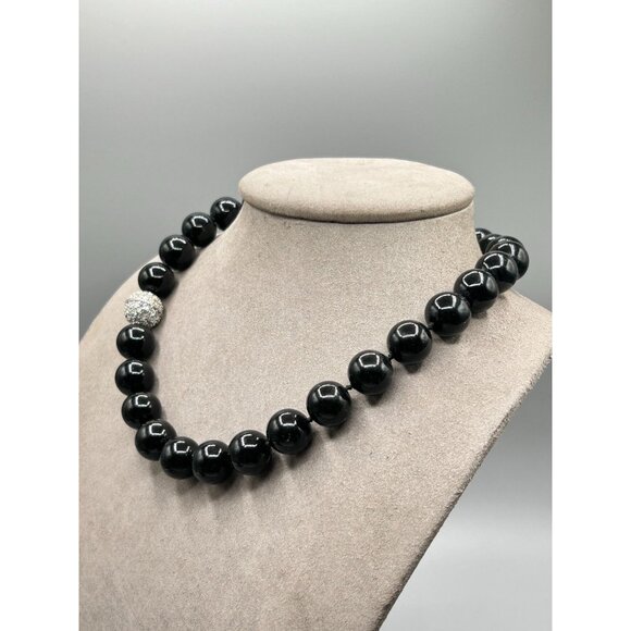 Vintage Black Beaded Glass Necklace Rhinestones Clasp Hand Knotted Fancy Jewelry - Picture 8 of 10